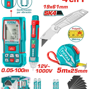 KIT PROBADOR DE CORRIENTE 12V- 1000V + MEDIDOR DE DISTANCIAS LASER 100MTS + METRO 5 MTS + BISTURI NAVAJA 19X 61MM INDUSTRIAL INCLUYE 6 HOJAS DE REPUESTO INDUSTRIAL SUPER TOTAL (TOS250701)